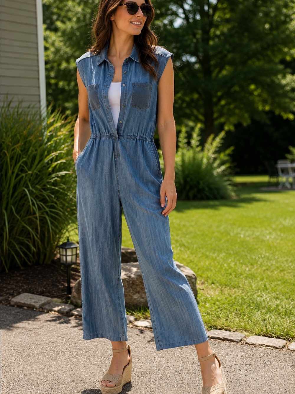 🌺Spense from Macy’s Soft Denim Button-Front cropped  jumpsuit in Washed Blue
